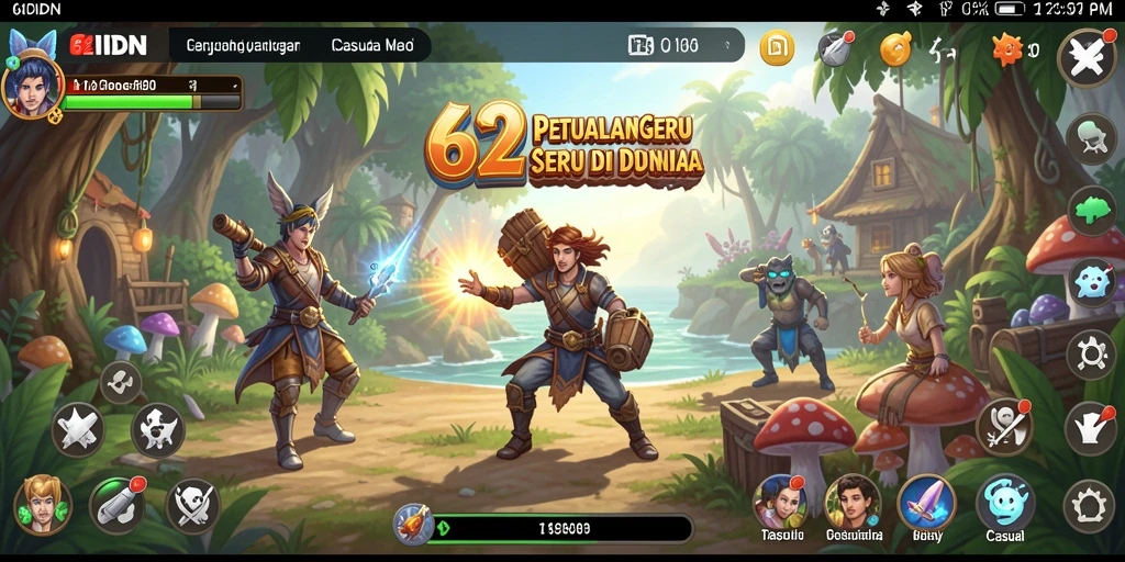 Screenshot gameplay 62IDN menampilkan karakter lucu dan level penuh warna.