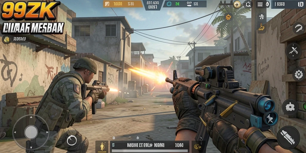 Screenshot gameplay seru dari 99ZK dengan aksi tembak-menembak yang intens.